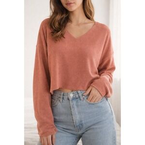 Dusty Rose Cropped Knit Sweater XL Soft Minimalist Cozy V Neck